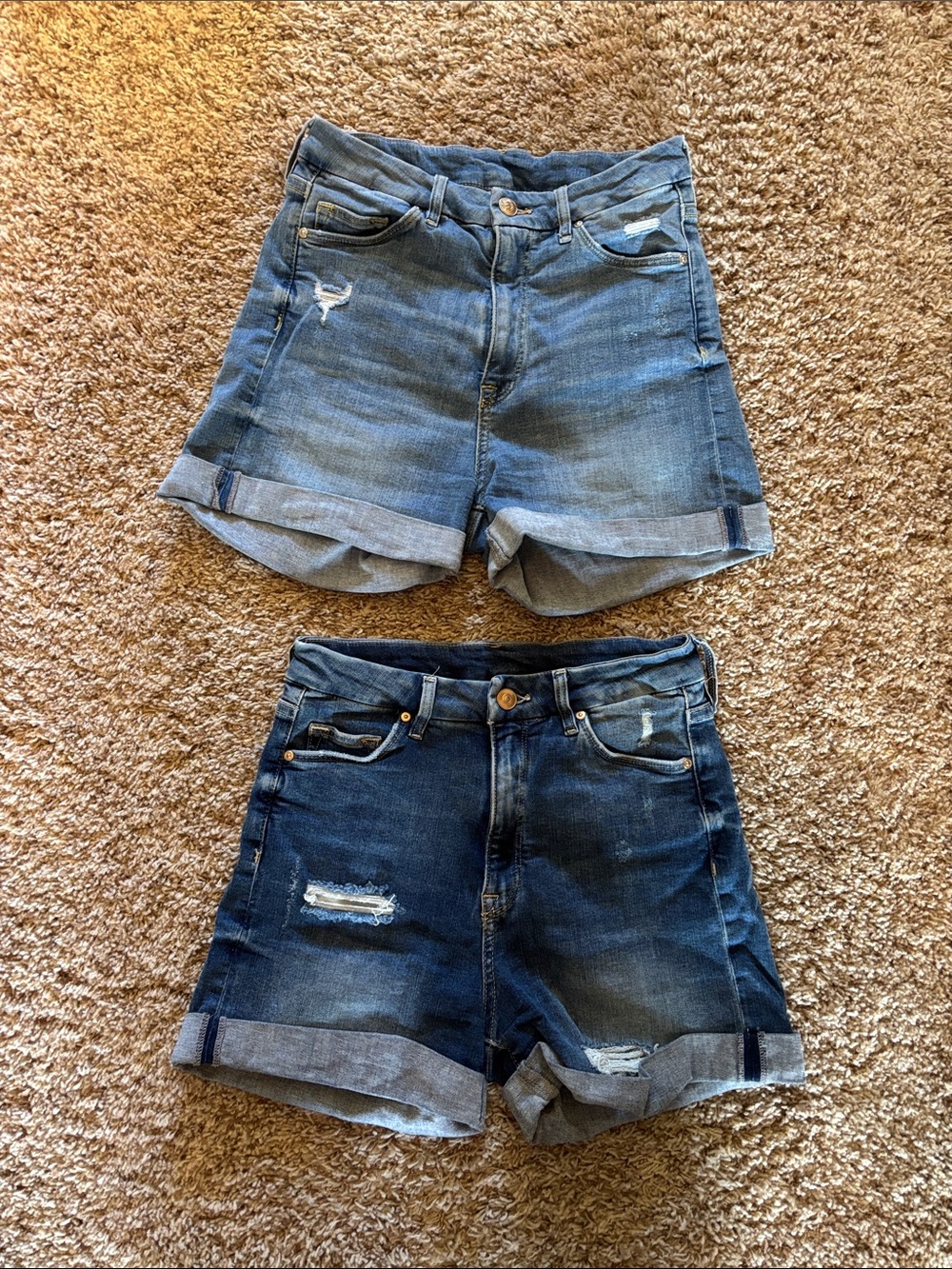 Set of Two Women’s Distressed Roll-Cuff Denim Shorts - light and dark blue